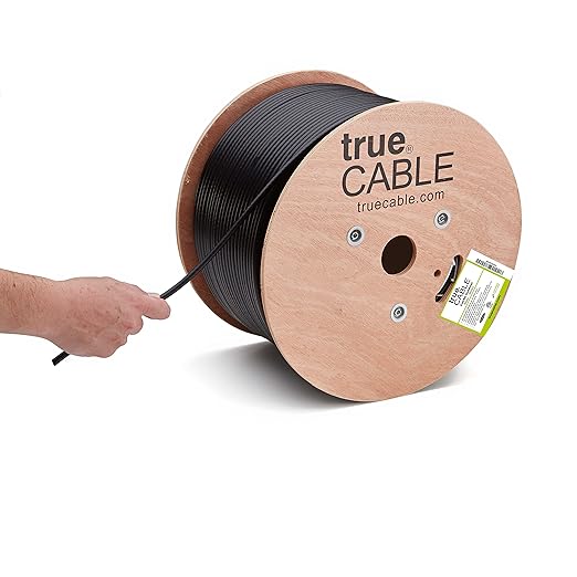 trueCABLE Cat5e Outdoor, Unshielded UTP, 1000ft, UV Resistant, CMX Rated, Black, 24AWG Solid Bare Copper, 350MHz, PoE++ (4PPoE), ETL Listed, Bulk Ethernet Cable