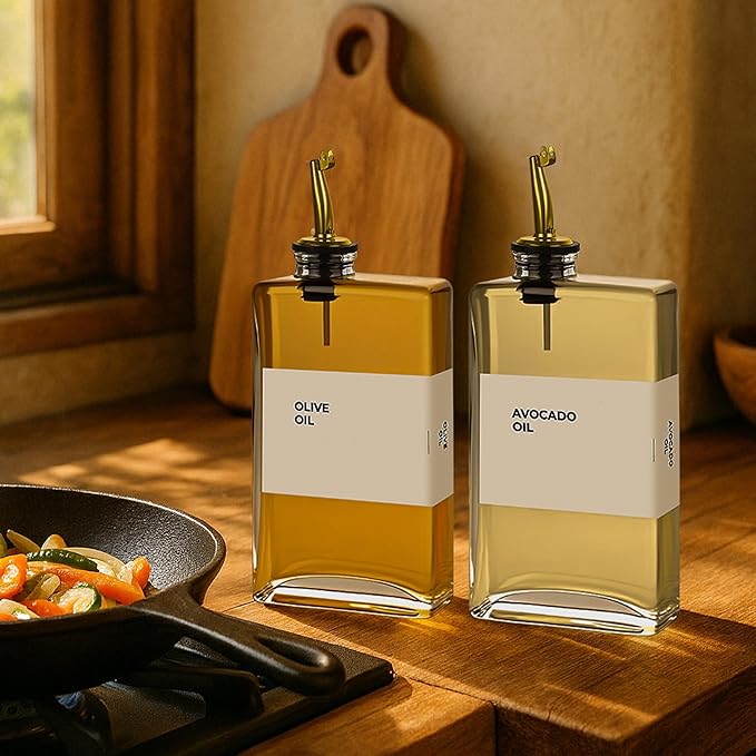 Olive Oil Dispenser Bottle - Includes 44 Kitchen Essential Labels - Cooking Oil Bottles for Kitchen, Coffee Syrup Dispenser - Pourer Spout with 11.8 fl oz Glass Container Cruet - 2pcs, Gold