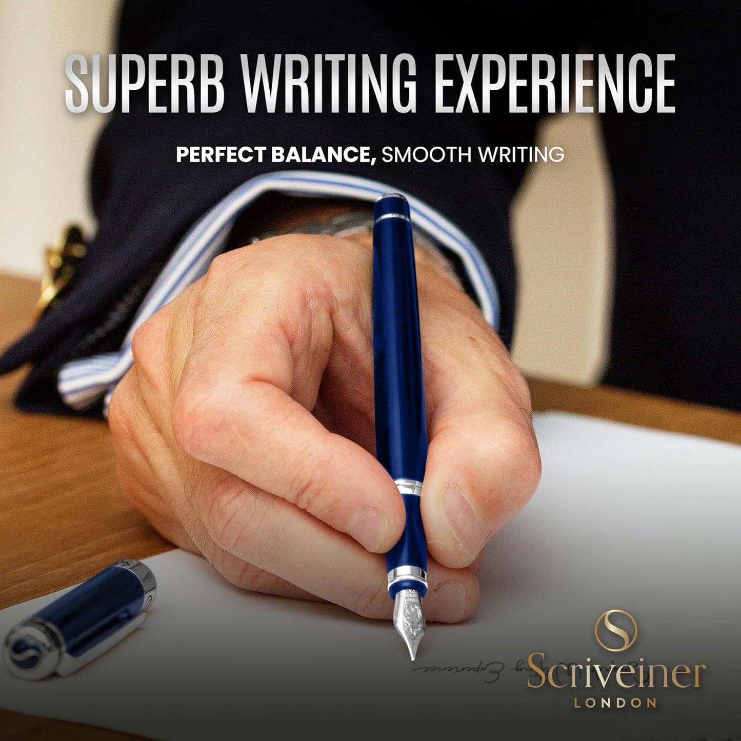 Scriveiner Midnight Blue Fountain Pen - Stunning Luxury Pen with Chrome Appointments, Schmidt Nib (Fine), Best Pen Gift Set for Men & Women, Professional, Executive, Office, Nice Pens
