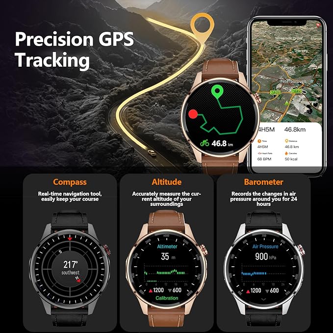 Smart Watch for Men Built-in GPS(Answer/Make Call/Text), 1.46" AI Smartwatch for Android Phones/iPhone, 100+ Sport Mode Fitness Tracker with Health/Sleep Monitor, Compass/Barometer/Altitude(2 Straps)