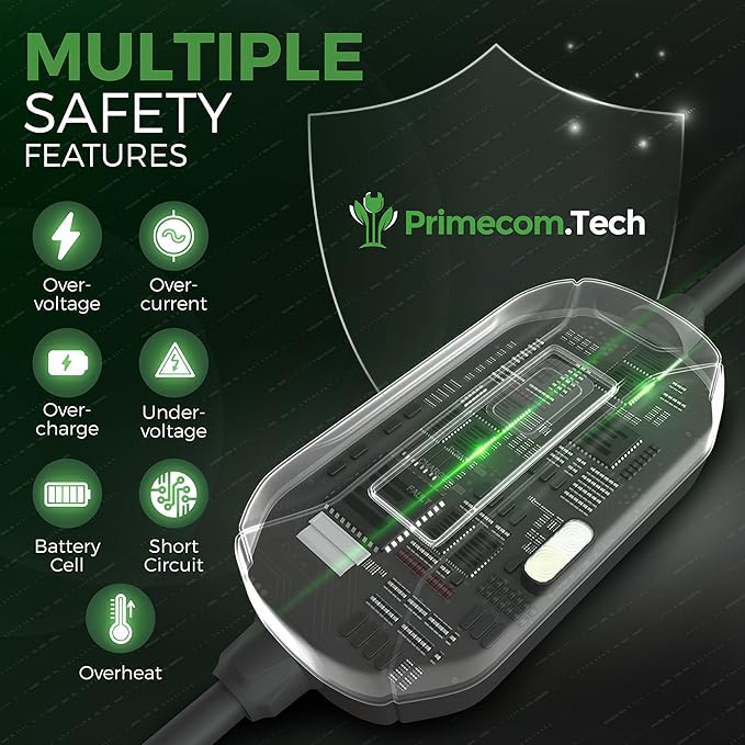 PRIMECOM Level 2 Electric Vehicle (EV) Charger (220V / 240Volt, 16Amp) Portable EVSE Smart Electric Car Charger, 30', 40', and 50 Feet Lengths (NEMA 10-50P, 35 Feet)
