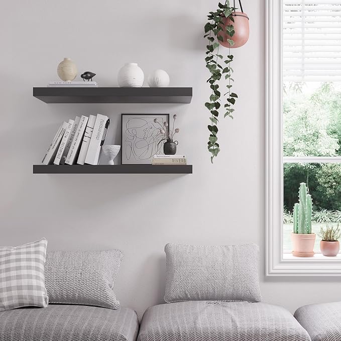 Floating Shelf, Set of 2 Wall Shelf, 36 in W x 12.75 in D x 2 in H Wooden Floating Wall Shelf with Invisible Brackets for Living Room/Bedroom/Bathroom/Kitchen Storage and Decor, Black