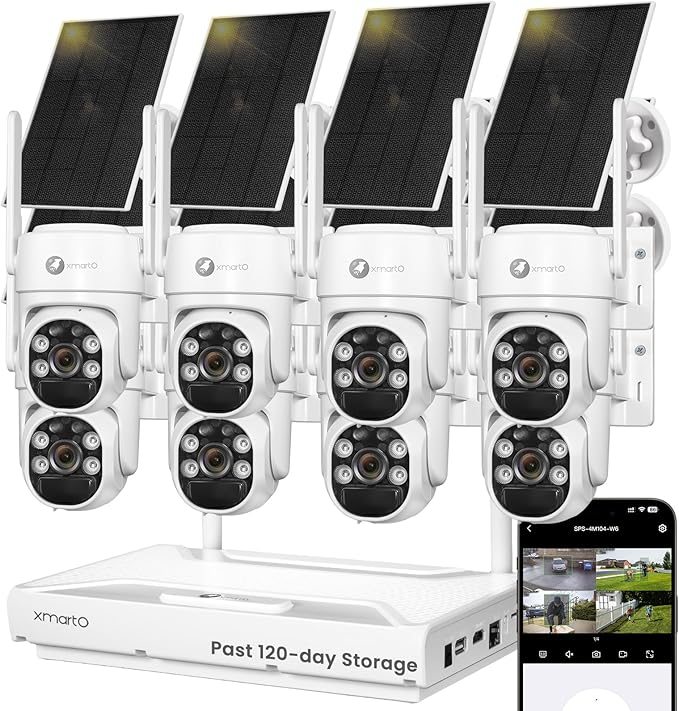 xmartO 100% Wire-Free Solar PTZ Home Security Camera System Wireless, 8-Set 2K 4MP QHD CCTV Camera Kit with 4K 10CH Expandable WiFi NVR and Past 90-Day Video Storage, All-Weather Solar Charge