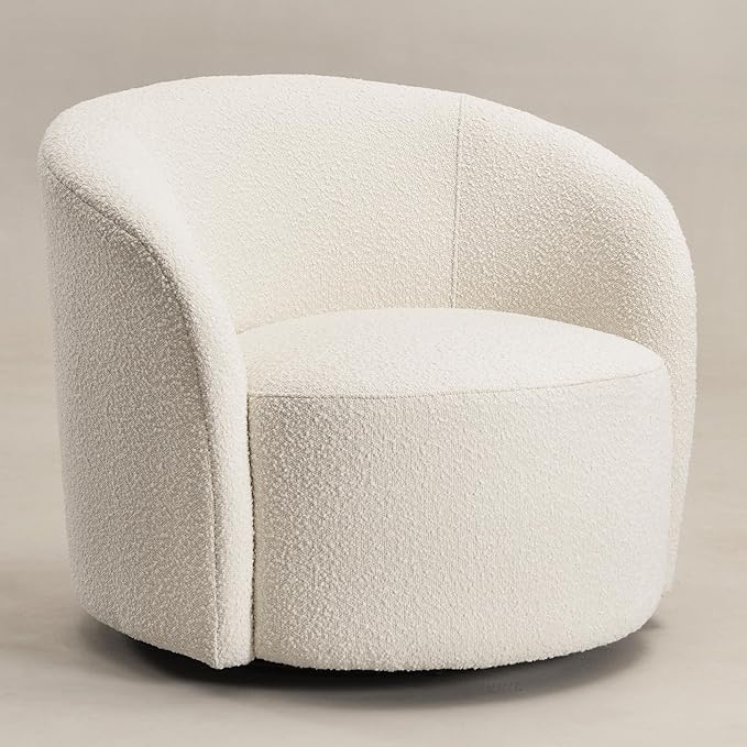 KINWELL Sherpa Swivel Barrel Chair & Round Ball Pillow Set - 34" Wide Modern Boucle Accent Chair with 9” Matching Nordic Decorative Throw Pillow for Living Room and Bedroom(Cream)
