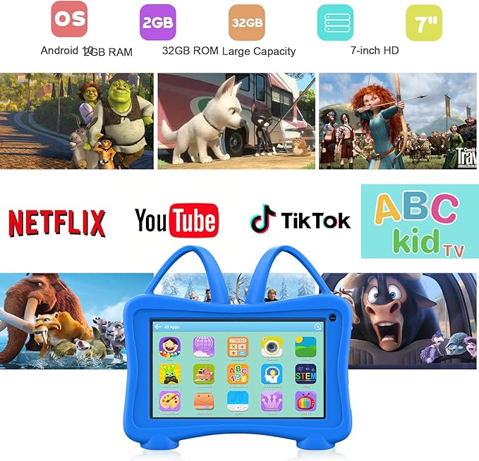 Kids Tablet 7 inch Toddlers Learning Tablets with WiFi, YouTube, Dual Camera, Touch Screen, Parental Control, Child Tablet for Boys Girls