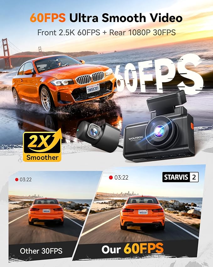 WOLFBOX X3 2.5K 1440P 60FPS Dash Camera, STARVIS 2 IMX675 with ADAS, 1440P+1080P Dual Dashcam Front and Rear Camera 5MP with Built-in 5.8GHz WiFi & GPS, 64GB Card, Touch Screen, G-Sensor, Loop Record