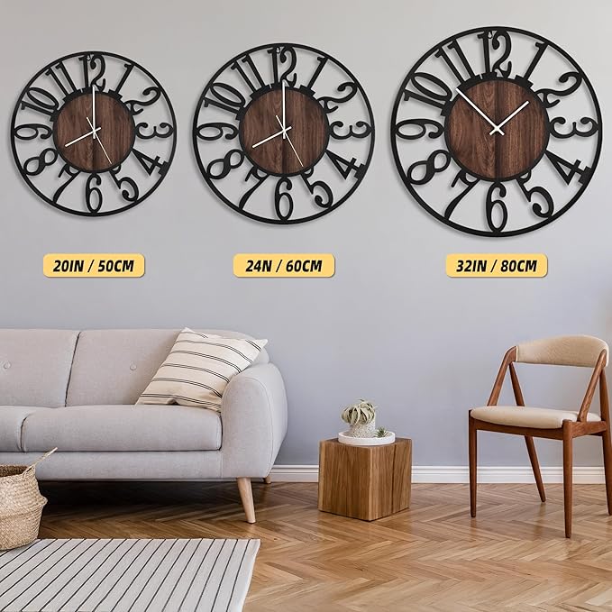 LEIKE Large Wall Clocks with Night Light Battery Operated,Silent Non Ticking,Rustic Modern Big Wood Clock for Living Room, Bedroom,Kitchen,Farmhouse,Office,Home Decor-32 Inch(Black-Arabic Number)