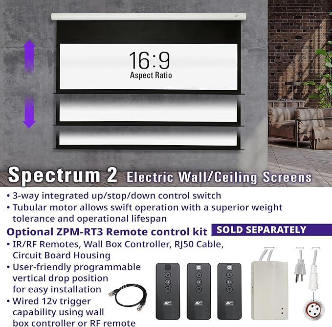 Elite Screens Spectrum2, 100-inch 16:9, 12-inch Drop, Electric Motorized Drop Down Projection Projector Screen, SPM100H-E12