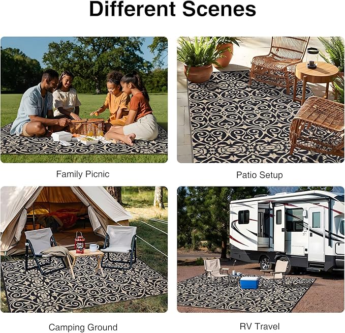 OLANLY Outdoor Rug Waterproof 9x12 ft Clearance, Reversible Outdoor Plastic Straw Rug with Floral Pattern, RV Mat for Patio, Camping, Balcony, Deck, Backyard, Black & Beige