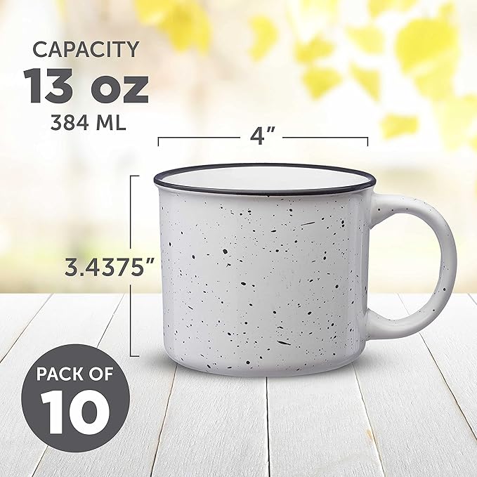 DISCOUNT PROMOS Ceramic Campfire Coffee Mugs 13 oz. Set of 10, Bulk Pack - Perfect for Tea, Espresso, Cappuccino, Hot Cocoa - White