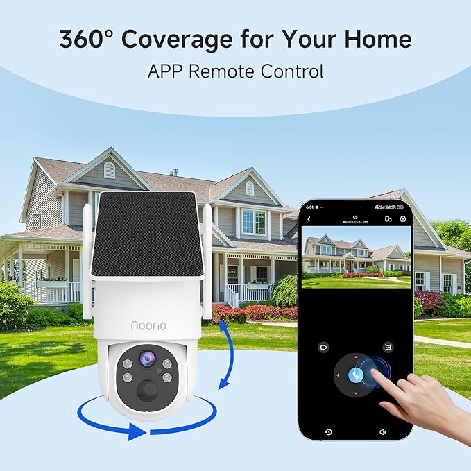 Noorio Solar Security Camera Wireless Outdoor, 2K Cameras for Home Security, 4MP 360° Camera with Dual Band WiFi 2.4/5G, AI Human Detection, Color Night Vision, Fixed Solar Panel, IP65, 2 Way Audio