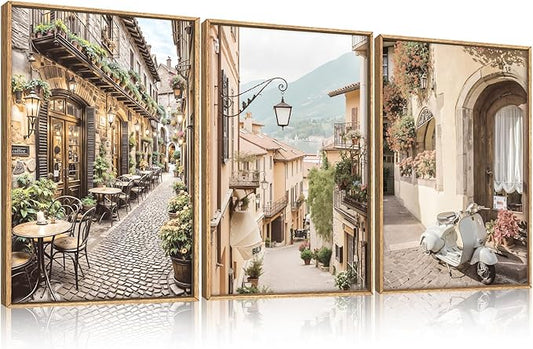 HPINUB Foreign Scenery Framed Canvas Wall Art Set,Vintage Travel City Wall Decor,Modern Minimalist Europe Street Picture Artwork Nature Landscape Art Print for Living Room,Bedroom-24 x36 x3