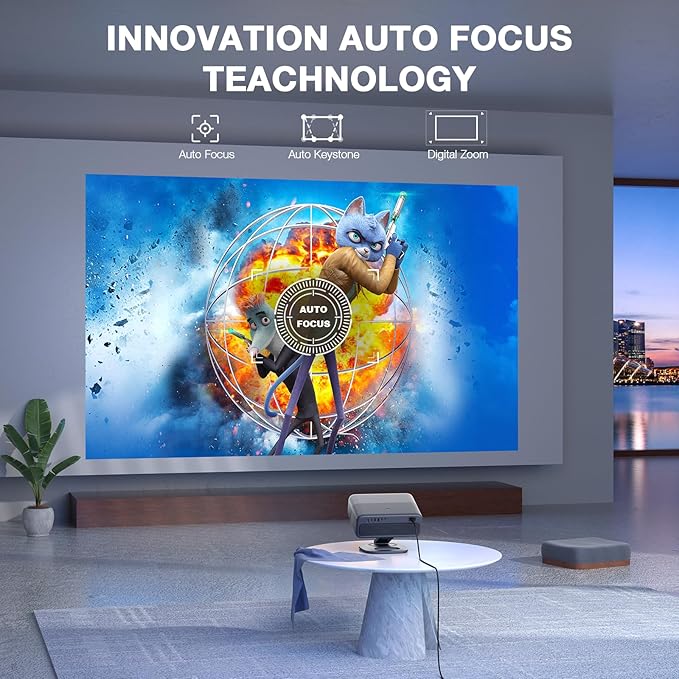 [2200ANSI & Officially-Licensed APP] 4K Projector with WiFi and Bluetooth,3D Dolby Audio and Auto Focus Smart Projector, AuKing Outdoor Movie Home Theater Proyector with Omni-Adjustable Stand