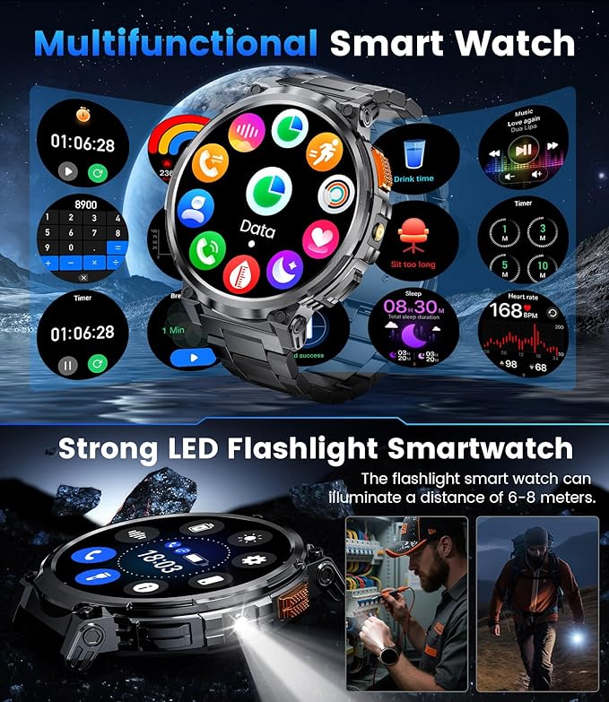 LIGE Smart Watches for Men with 730mAh Battery, 1.85" HD Smart Watch with Flashlight/Make/Answer Call/120+Sports Mode Fitness Tracker/Sleep Monitoring, iOS Android Waterproof Military SmartWatches
