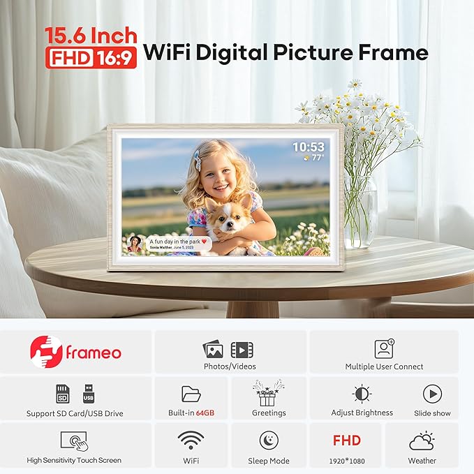 64GB Frameo 15.6" Digital Picture Frame Large 1920 x 1080 IPS FHD Touch Screen WiFi Electronic Photo Frames Share Moments Instantly Anywhere Best Gifts for Parents and Grandparents White Wood