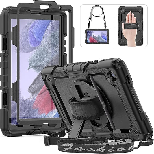 HXCASEAC Case for Samsung Galaxy Tab A7 Lite, Protective with Screen Protector/Hand Strap/Pen Holder, Sturdy A7 Lite Tablet Case, SM-T220 SM-T225 SM-T227, Black