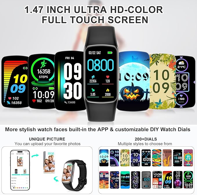 Fitness Tracker Step Counter with 24/7 Heart Rate Blood Oxygen Sleep Monitor, 1.47'' AMOLED Touch Color Screen Fitness Watch, Smart Watches for Women Men