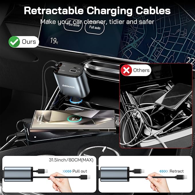 [2 Pack] Retractable Car Charger 4 in 1 Fast Car Phone Charger 69W, USB C Car Truck Accessories Adapter with 2X Retractable Phone Charger Cords and USB Port for i Phone 17/16/15/14,for Samsung S25/S24