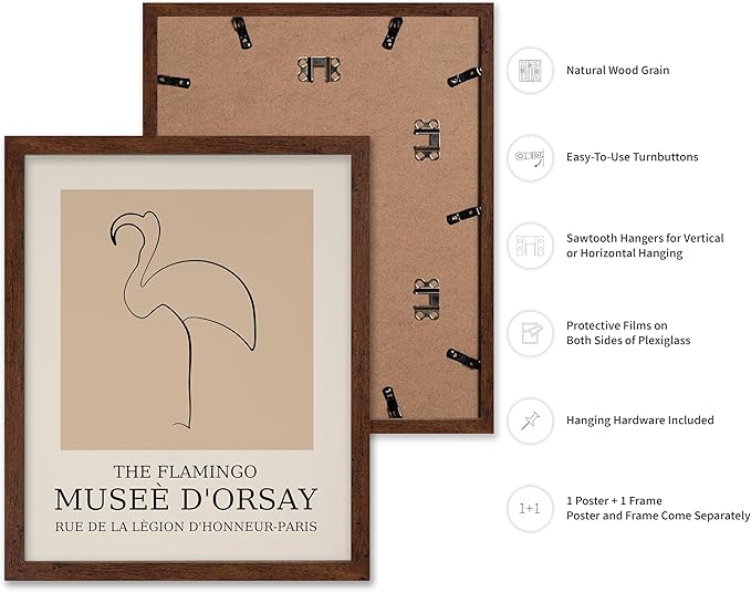 Poster Master Vintage Poster - Retro Minimalist Print - Gift for Artist, Housewarming - Flamingo, Line Drawing, Sketch, Abstract - Wall Decor for Living Room, Bedroom, 8x10 Brown Framed