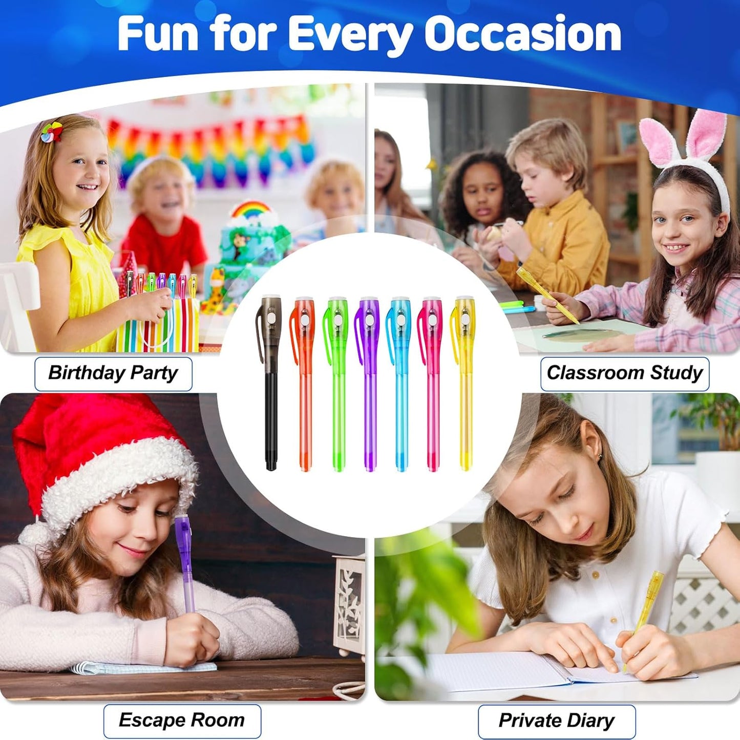 7PCS Invisible Ink Pens with UV Light 7 Colors Spy Pens for Secret Messages – Fun Party Favors, Halloween, Christmas, Stocking Stuffers, Treasure Hunt, Classroom & Birthday Gifts