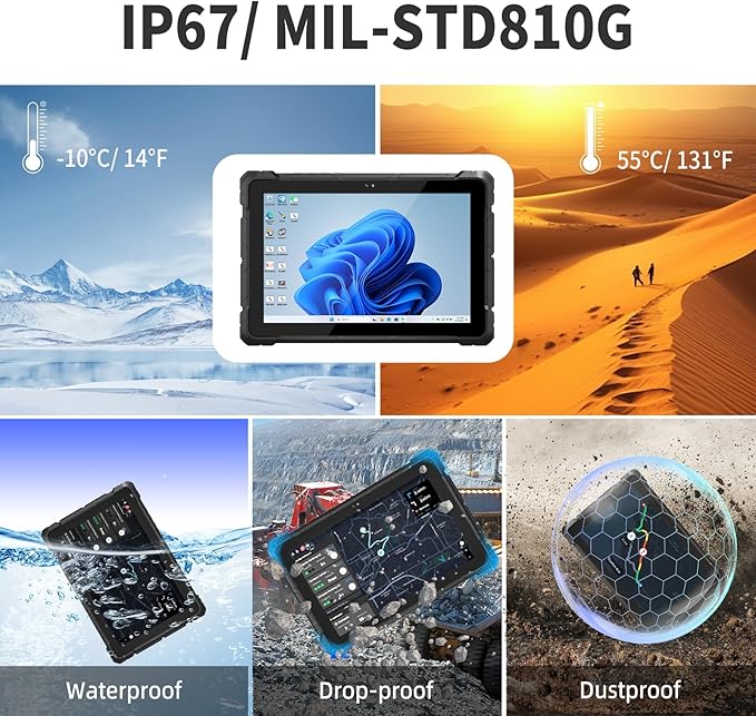 IP67 Rugged Tablet, N100 (up to 3.4GHz), 8GB RAM 128GB ROM, 10,1 Zoll Windows 11 Pro Industrie Tablet PC with 8000mAh Battery 4G LTE USB3.0 / WiFi 5 / BT5.0 / FHD for Outdoor Fieldwork