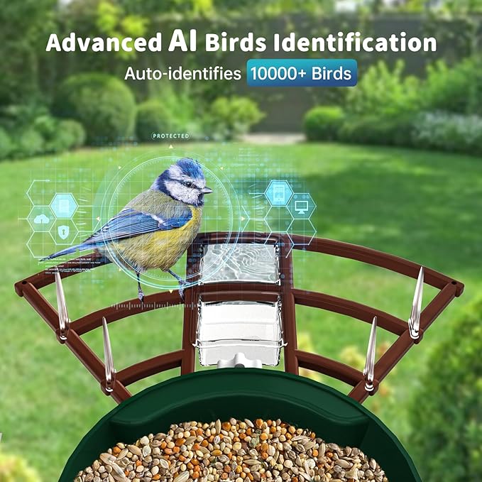 Smart Bird Feeder with Camera Solar Powered & AI Bi rd Identification, 2.4Ghz WiFi Bird feeders for Outdoors, 2K Live Video, Nstant Arrival Alerts - Dark red-Green