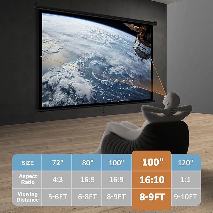 SUPER DEAL 100'' 16:10 HD Projection Screen Foldable Anti-Crease Portable Projector Movie Screen Manual Pull Down for Home Theater Presentation Education Outdoor Indoor Public Display, Black