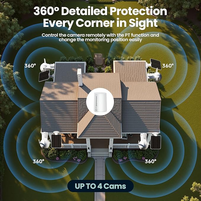 Solar Security Cameras Wireless Outdoor, 4 Cam-Kit, Solar-Powered, 2K Cameras for Home Security System, 360° Pan & Tilt, Color Night Vision, Motion Detection, 64GB Memory Card, No Monthly Fee