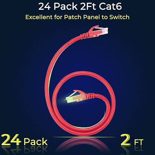 Rapink Patch Cables Cat6 2ft (24 Pack), Ethernet Patch Cable 10G Support, Cat 6 Patch Cable for Patch Panel to Switch, Flexiable Cat 6 Ethernet Cable with Gold Plated Red