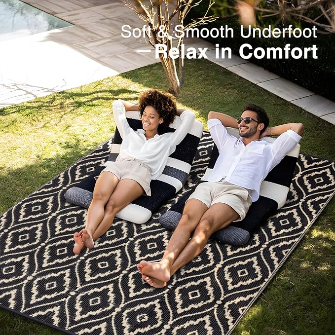 OLANLY Outdoor Rug 9x12 ft Waterproof, Outdoor Plastic Straw Rug with Geometric Pattern Clearance, Reversible RV Mat for Patio, Camping, Balcony, Deck, Backyard, Black & Beige