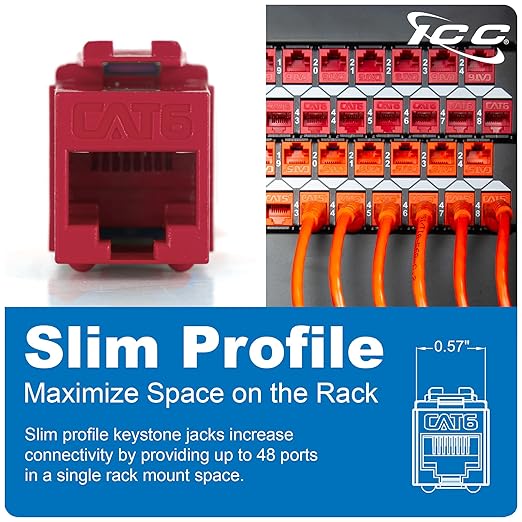 ICC CAT6 Keystone Jack with Slim Profile 180 Degree Punch Down, RJ45 UL Listed PoE++ TAA Compliant for Wall Plate or Patch Panel, Works with JackEasy Termination Tool, White 400 Pack