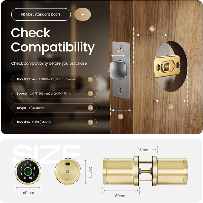 Leydebong 4-in-1 Smart Door Lock with Fingerprint and Keypad - Keyless Entry Electronic Lock with App Control and Mechanical Key - Easy Installation Door Knob with Code in Satin Brass
