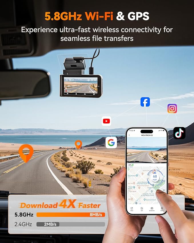 WOLFBOX X3 2.5K 1440P 60FPS Dash Camera, STARVIS 2 IMX675 with ADAS, 1440P+1080P Dual Dashcam Front and Rear Camera 5MP with Built-in 5.8GHz WiFi & GPS, 64GB Card, Touch Screen, G-Sensor, Loop Record