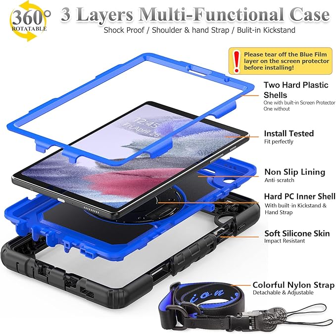 SEYMAC stock Case for Samsung Galaxy Tab A7 Lite 8.7'' with Screen Protector Pencil Holder [360 Rotating Hand Strap] &Stand, Drop-Proof Case for Samsung A7 Lite 2021 SM-T220/T225/T227, Blue/Black