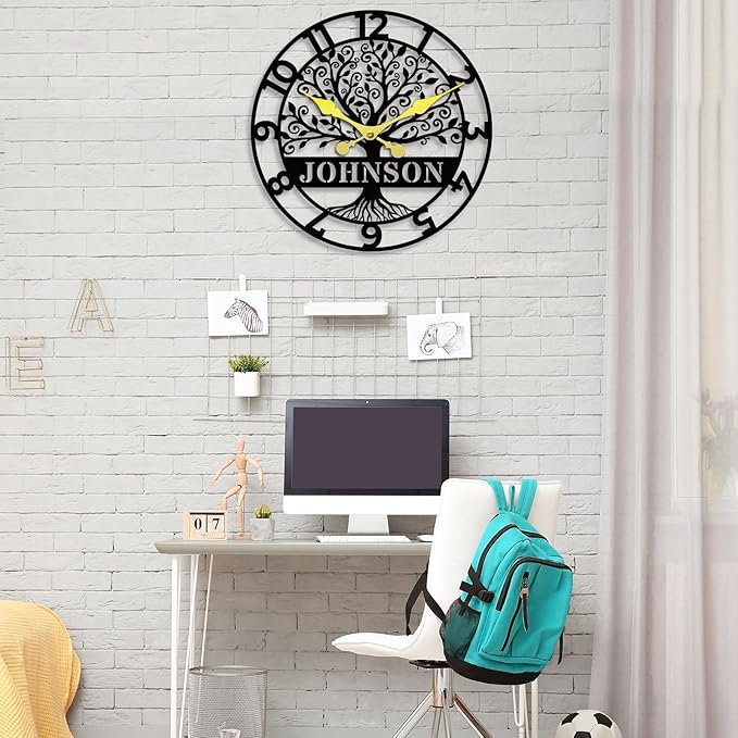Personalized Metal Wall Clock with Tree of Life Design, Custom Family Name Clock, Decorative Steel Wall Art, Housewarming Gift, Living Room Bedroom Kitchen Home Decor