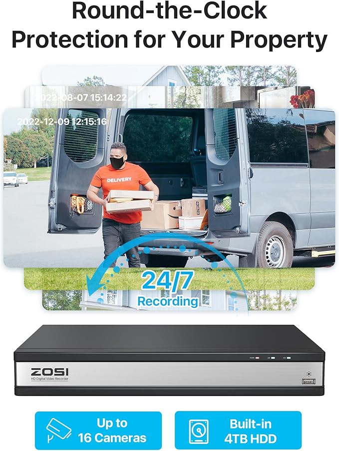 ZOSI H.265+ 16 Channel Security Camera System 1080p,16CH CCTV DVR, 8 x 1080p Indoor Outdoor Dome Camera, Human Vehicle Detect, 80ft Night Vision, 105° View Angle, Remote Control, Alert Push, 4TB HDD