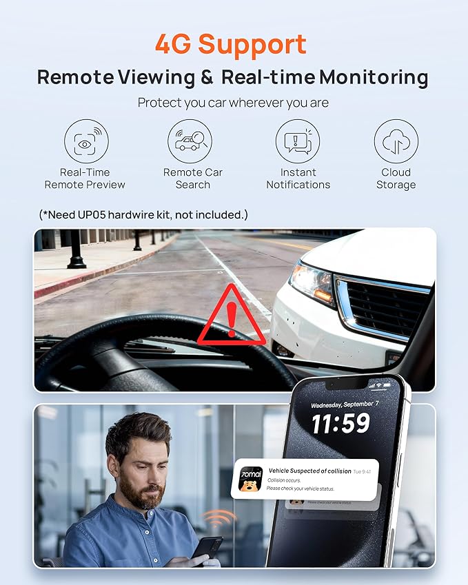 70mai Dash Cam Front and Rear A510,1944P+1080P with STARVIS 2 IMX675 and 64GB Card, Dash Camera for Cars, 4G LTE Support, ADAS, Built-in GPS WiFi, APP Control, HDR, 24H Parking Mode, Loop Recording