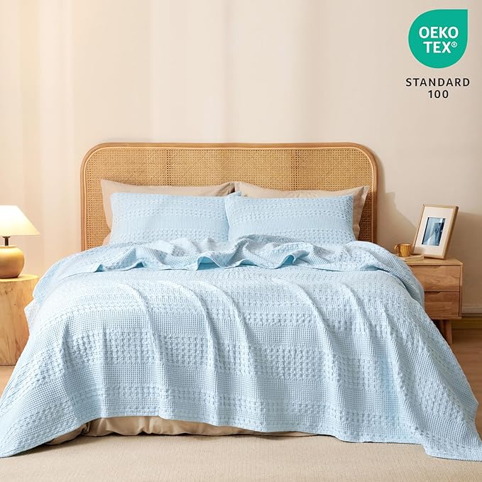 PHF 100% Cotton Waffle Weave Blanket King Size, Soft Lightweight Breathable Cozy Summer Blankets for Bed, Luxury Aesthetic Woven Bedding for Home Decor, 108"x90", Baby Blue