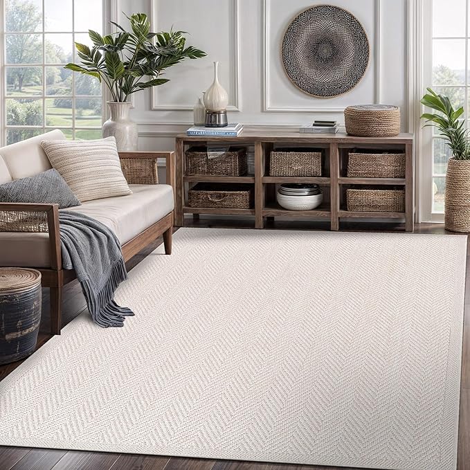 CAMILSON Easy Jute Rug 10x14, Indoor Outdoor Off-White Color Fiber Area Rugs for Living Room and Patio Rug Herringbone Boho Woven Design Easy-Cleaning Washable Outside Carpet Alfombras 10 x 14