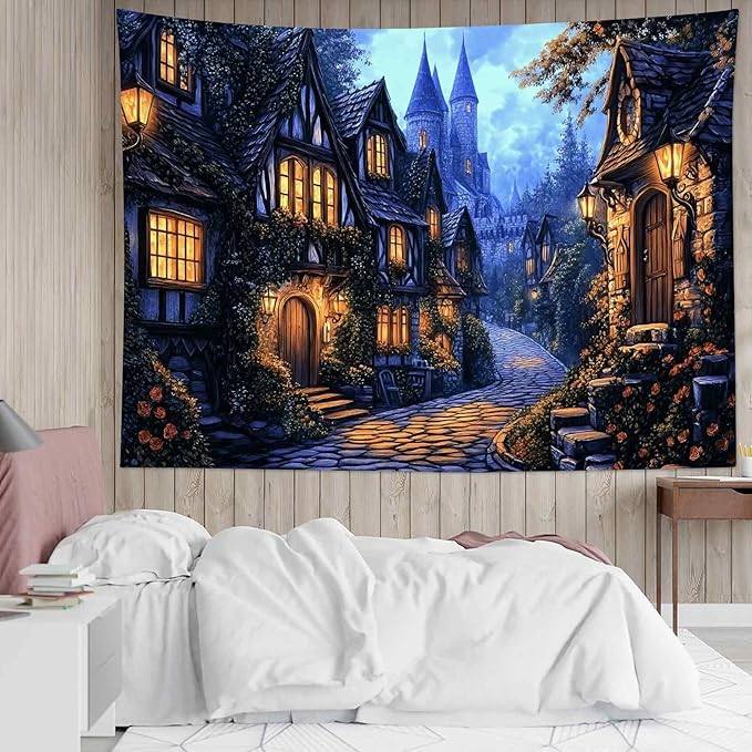 LB Vintage Castle Tapestry, Night Street Old House and Green Tree Wall Tapestry for Bedroom Aesthetic, Village Gothic Wall Art for Living Room Dorm Home Decor Ready to Hanging, 59 x 51 Inches