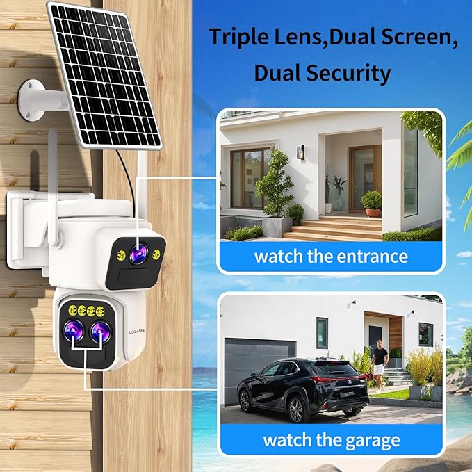 Triple-Lens Solar Security Cameras Wireless Outdoor,360°PTZ Cameras for Home Security with 10x Hybrid Zoom,5G/2.4G WiFi,No Month Fee,PIR Alarm,Full Color Night Vision, Two-Way Audio,IP65