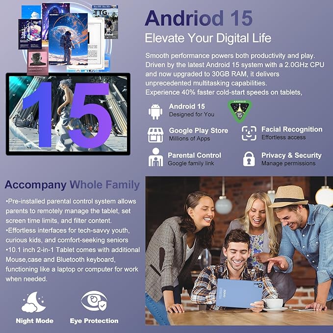2025 Android 15 Tablet with Keyboard | Gemini AI, 30GB+128GB Octa-Core Electronics Tablets w/ 10 Inch IPS HD Display, 8000mAh, 5G WiFi, 1TB Expand, Mouse+Case, BT 5.0, Widevine L1, Metal Body -Blue