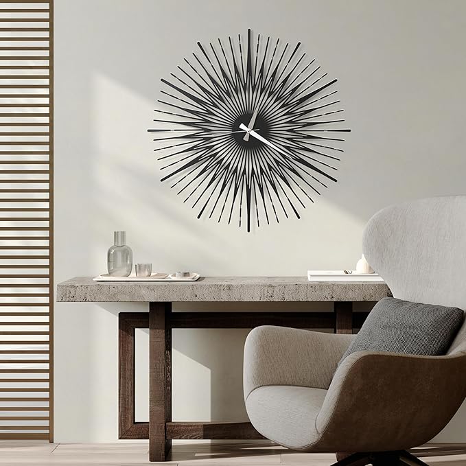 Sun Rays Wall Clock, Large Metal Decorative Wall Clock, Modern Minimalist Wall Decor (Black, Large)
