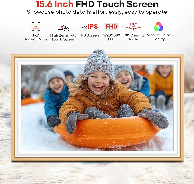 64GB Frameo 15.6" Digital Picture Frame Large 1920 x 1080 IPS FHD Touch Screen WiFi Electronic Photo Frames Share Moments Instantly Anywhere Best Gifts for Parents and Grandparents Golden White