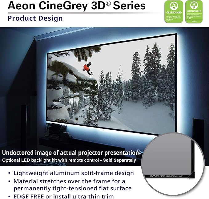 Elite Screens 158 inch CLR/ALR Projector Screen 16:9 4K, Standard Throw Projection, Edge Free Ambient Light Rejecting Grey for Indoor Movie Screen Home Theater - Aeon CineGrey 3D- AR158DHD3