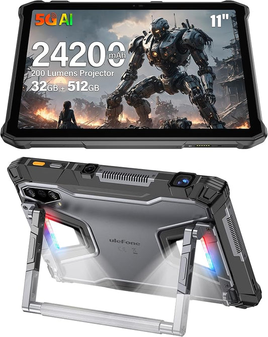 Ulefone Armor Pad 5 Ultra 5G Rugged Tablet with 200 Lumens Projector, 32GB+512GB/2TB Expansion Android 15, 24200mAh(120W), 11" FHD+ Screen, IP68/69K, 64MP+64MP, 32MP, Dual LED Lights, Widevine L1