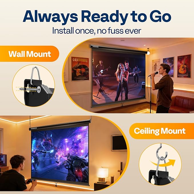 VIVOHOME 120 Inch 1:1 Pull Down Projector Screen, HD 4K Retractable Movie Screen for Indoor Home Theater and Office, Manual Projection Screen with Auto Locking (84Wx84H Inch Display Area)