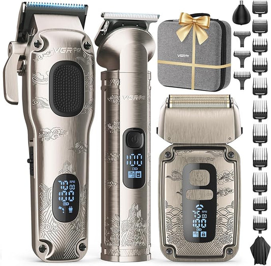 Hair Clipper & Trimmer Set for Men Professional, Waterproof Electric Razor Foil Shaver for Men Face Beard, Cordless for Hair Cutting, 4-Speed Setting, LED Battery Display, Barber or Home Use (Silver)