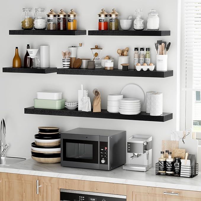 Fun Memories 36 Inch Floating Shelves - Deep Rustic Black Wooden Wall Shelves - Extra Deeper & Thicker Wall Mounted Storage Shelf for Bedroom, Kitchen, Farmhouse - 2 Pack, Rustic Black