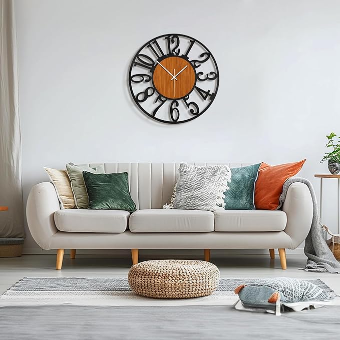 Maxstar Large Round Wall Clock for Living Room Decor Battery Operated Non Ticking Black Metal Wood Clocks for Home Living Room Garden Office Kitchen Decoration -24 inch